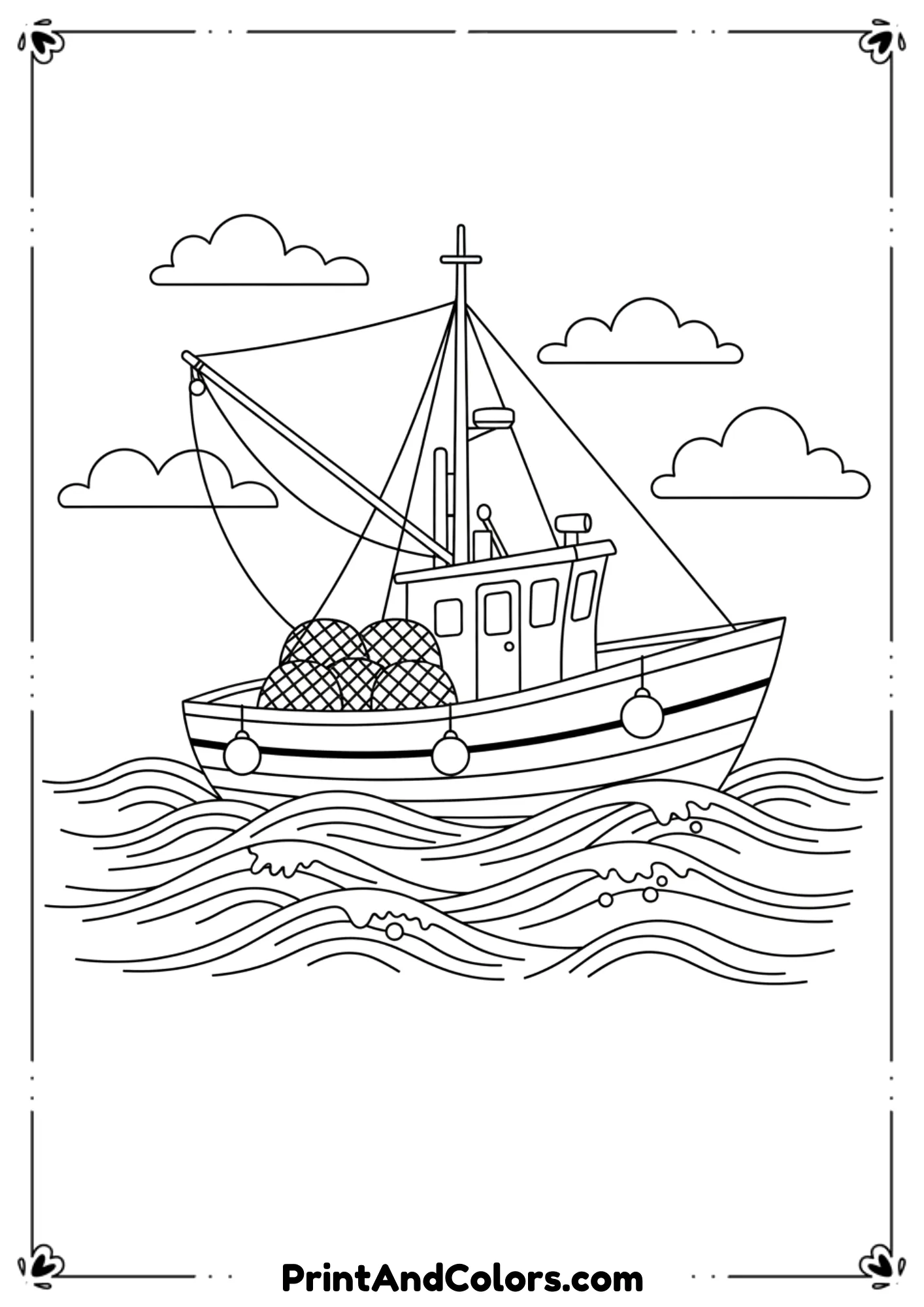 Fishing boat floating on water with waves, fishing nets, and a simple sky background with clouds. Clear printable line-art.