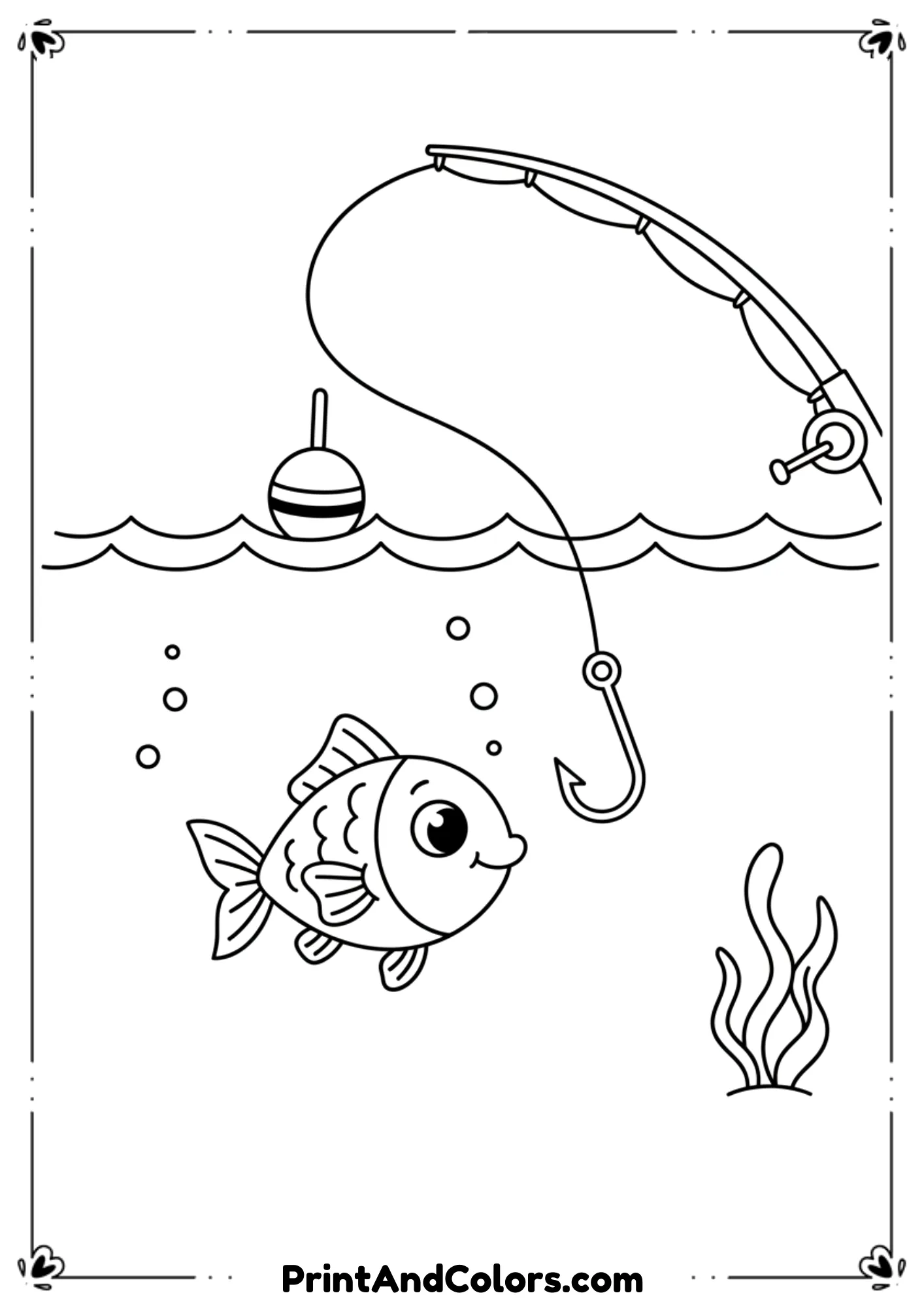 Simple fishing scene showing a fishing rod, a bobber floating on water, and a fish near the hook. Clean outlines, kid-friendly scene.