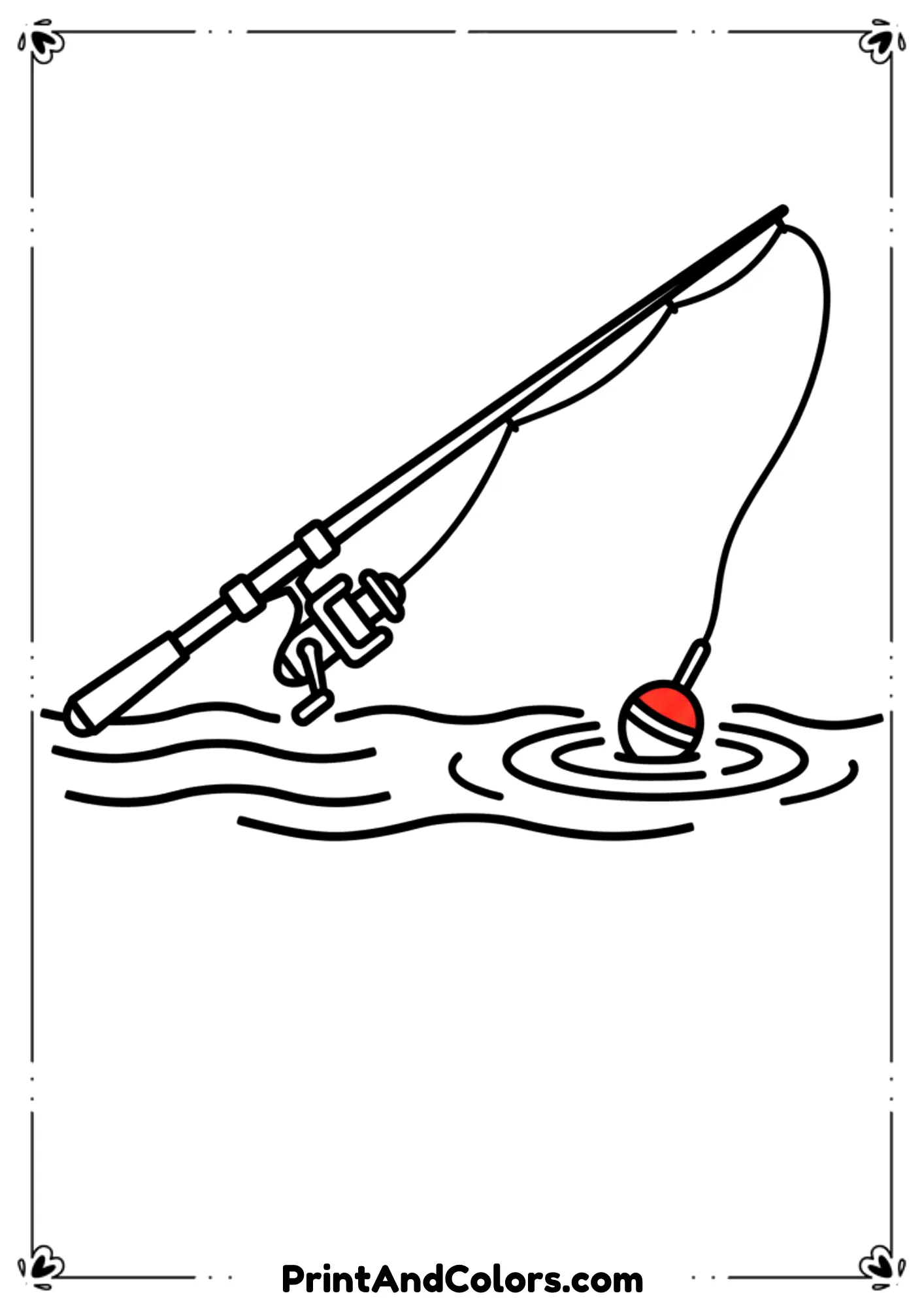 Simple fishing pole with reel, line, hook, and a bobber above water. Clean bold outlines, no shading.