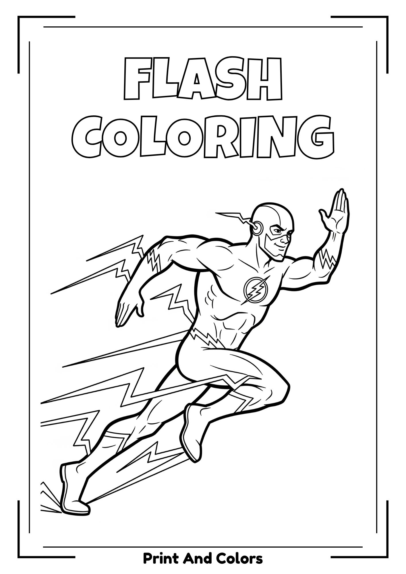 Flash coloring pages showing speed, lightning effects, and high-energy superhero runs