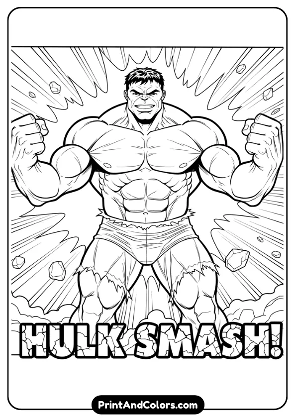 Muscular Hulk flexing both arms, proud strong pose, defined muscle outlines, bold comic-style line drawing
