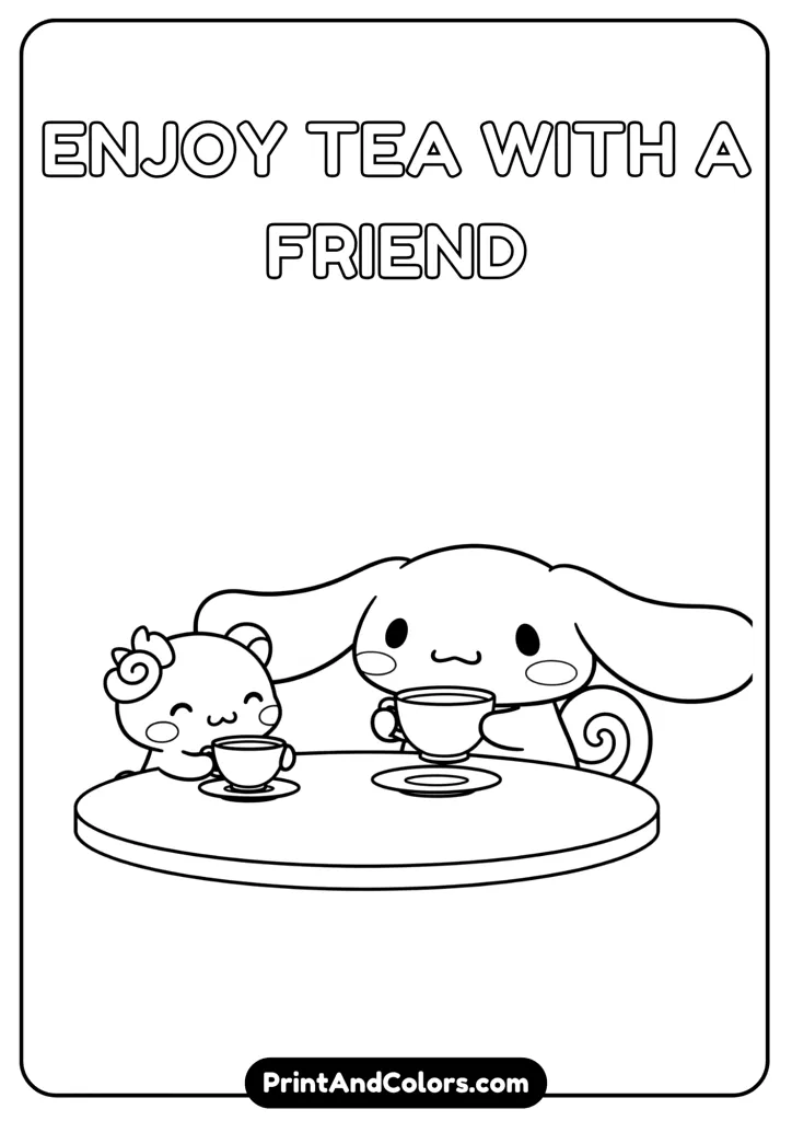 Cinnamoroll sitting at a table with a friend, sipping tea from a cup, cartoon black and white line drawing, no colors, cute expressions, clean background