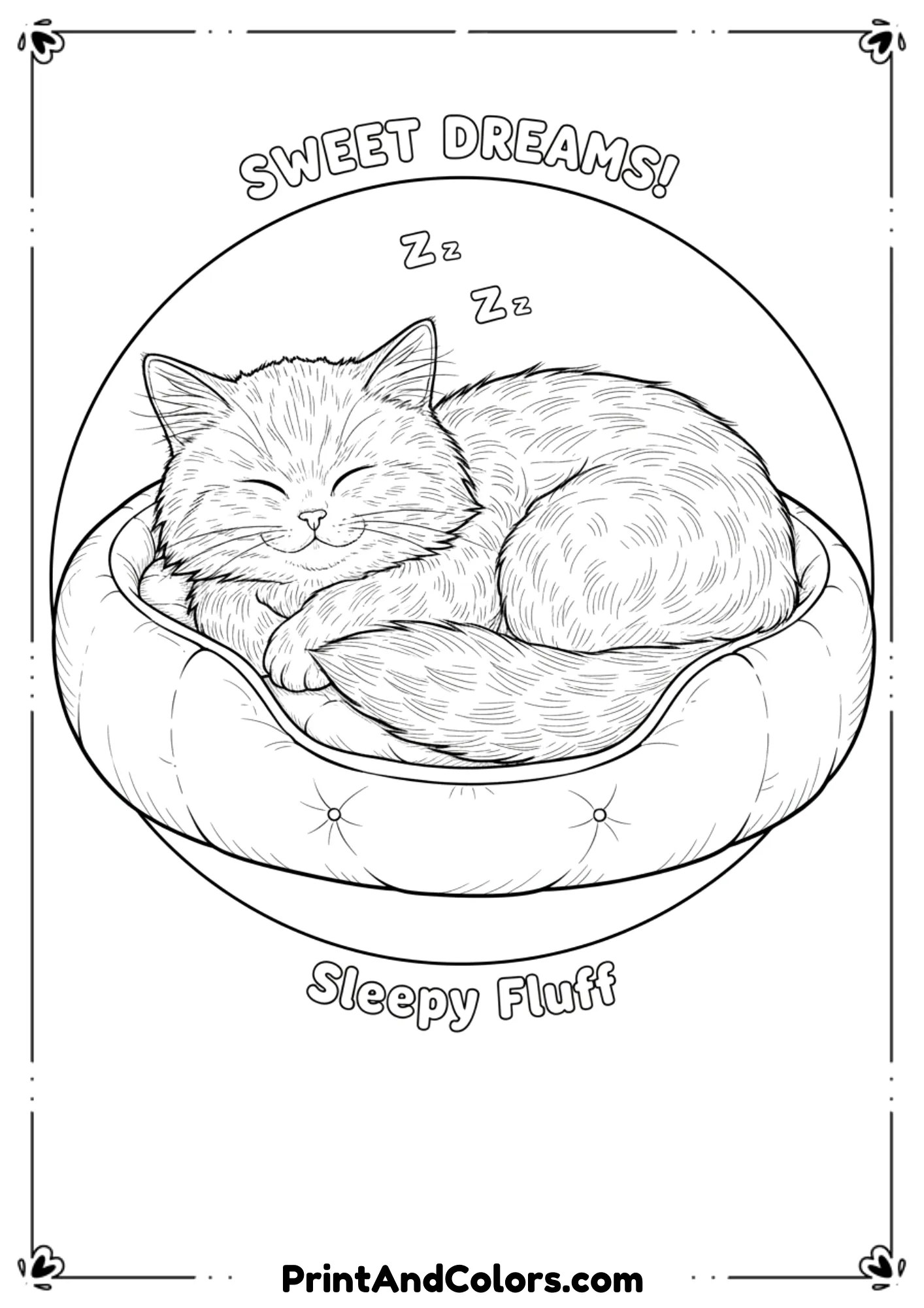 A fluffy kitten curled up and sleeping peacefully, delicate fur lines, cozy circular composition, black-and-white line art.

