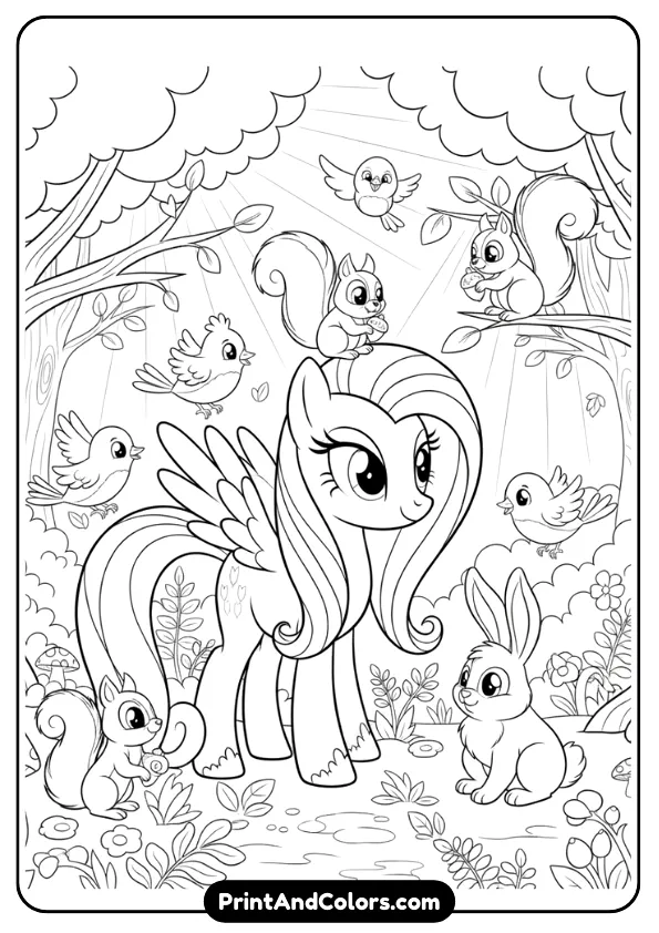 black and white coloring page of Fluttershy surrounded by woodland animals like rabbits, birds, and squirrels. Gentle expressions, forest setting.