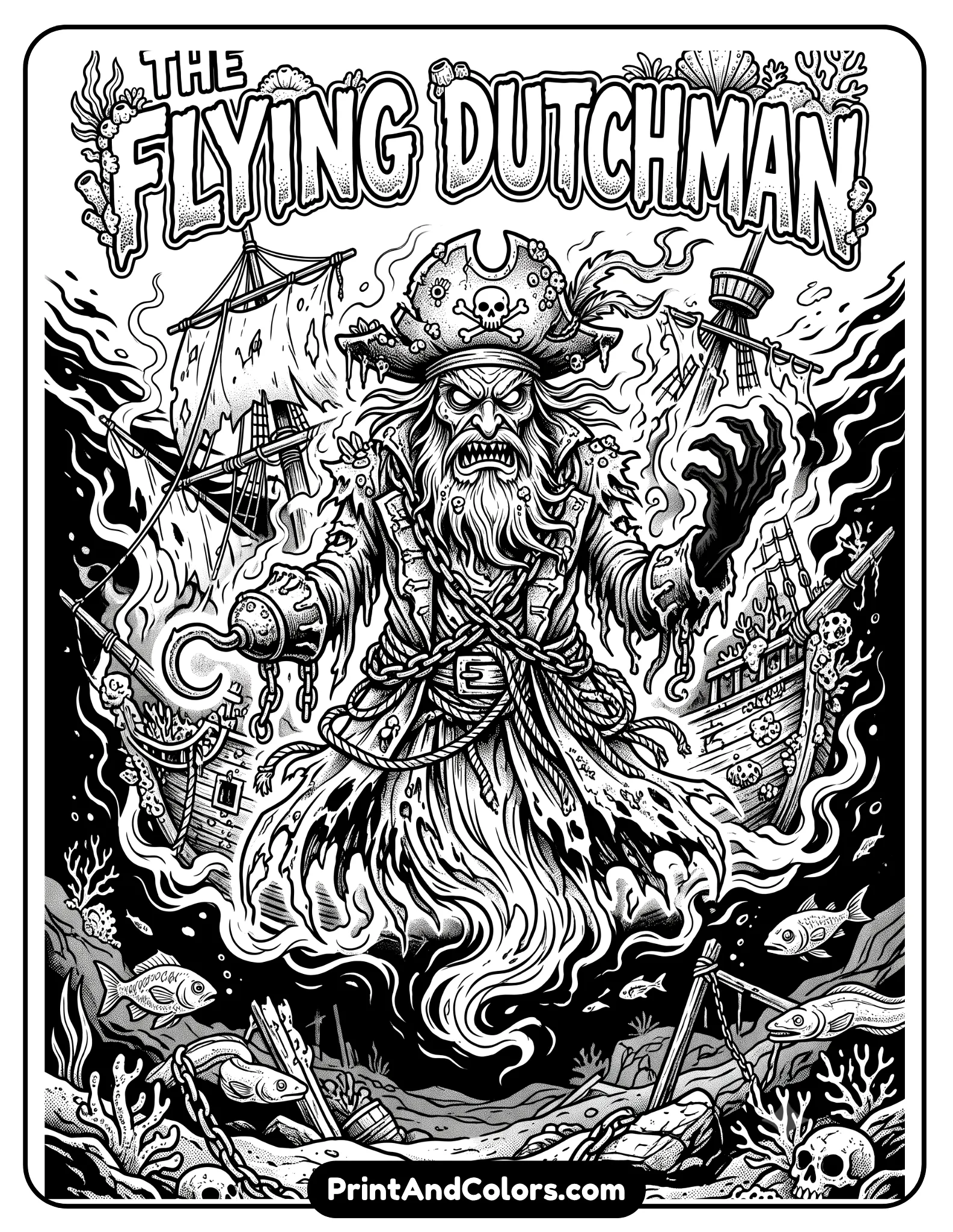 black and white coloring page of the Flying Dutchman looking furious while floating ghost-like underwater, spooky pirate hat, chains and ghost ship elements around him, dramatic cartoon line art, printable Halloween-style coloring sheet