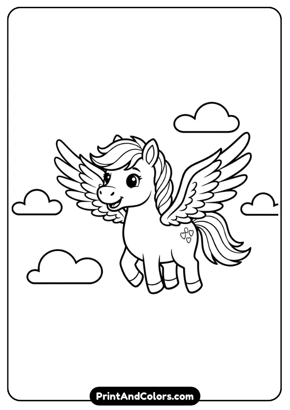 Design a simple black and white line art coloring page of a flying pony with wings spread and smiling face. Minimal clouds background, thick outlines, perfect for kids coloring pages.