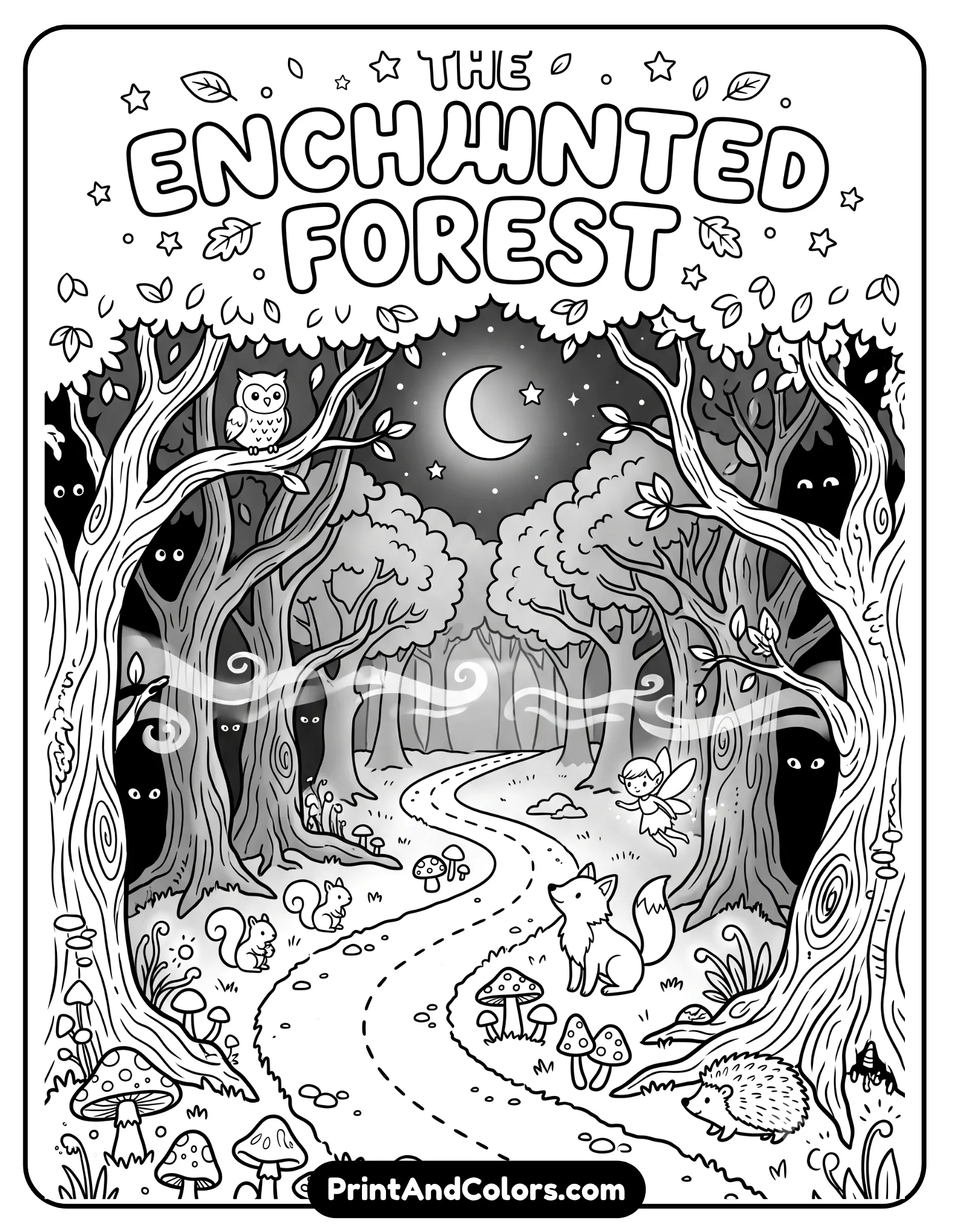 Dark fantasy black and white coloring page of an enchanted forest with twisted trees, glowing eyes, magical creatures, fog, moonlight, mushrooms, and winding paths. Include dramatic shadows and mystical atmosphere. Detailed printable adult coloring book line art style
