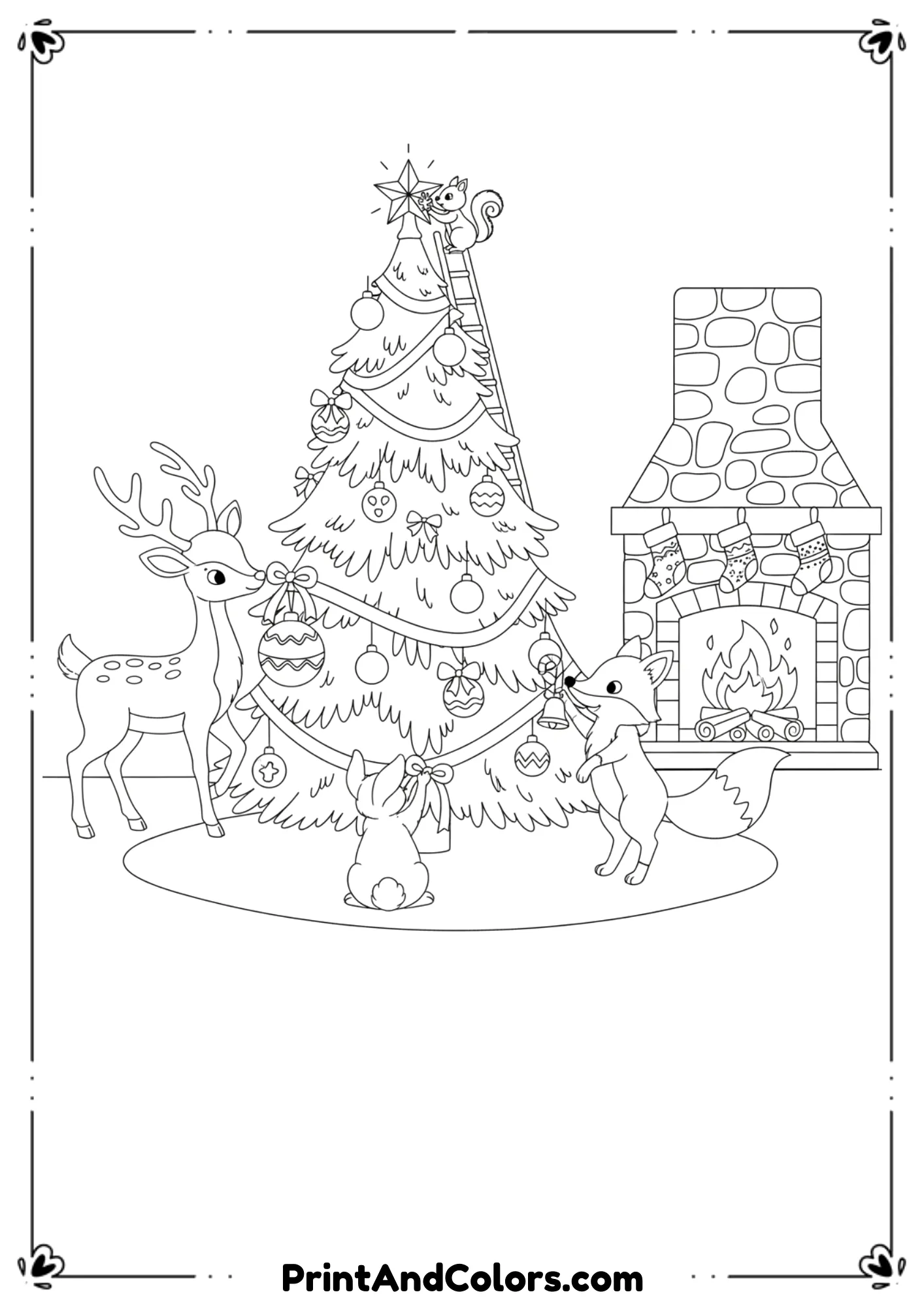  Cute forest animals—like a deer, rabbit, fox, and squirrel—working together to decorate a Christmas tree next to a cozy fireplace. Whimsical children’s line-art, clean outlines.
