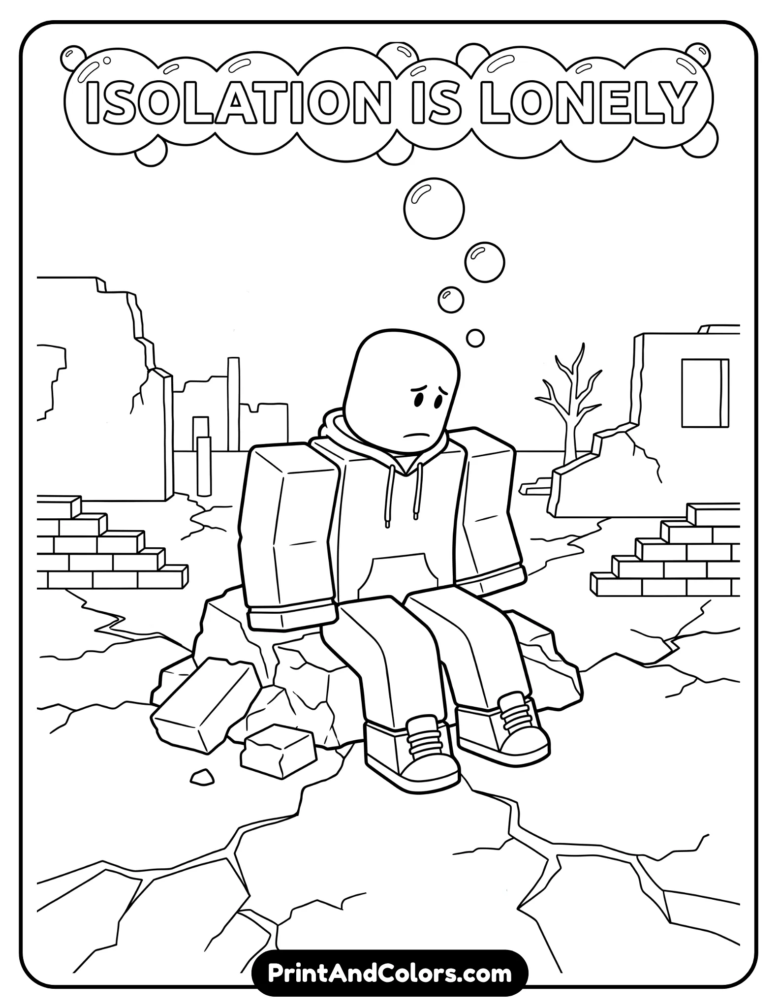 Lonely Roblox avatar sitting or standing in abandoned environment, cracked ground, simple ruins, emotional pose, clean outlines, minimal detail