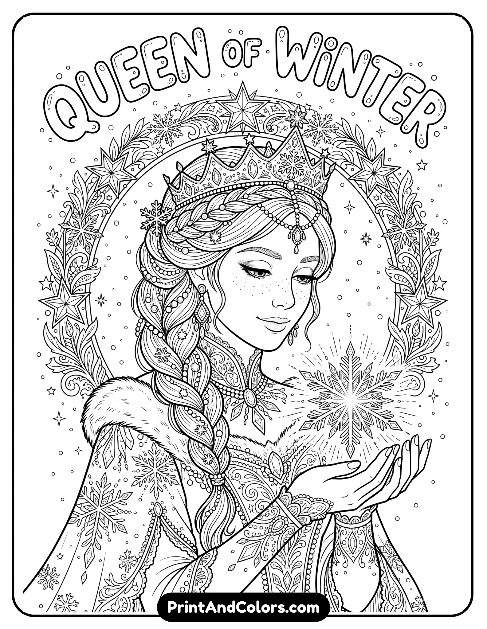 Black and white coloring page of Elsa with soft freckles, gently holding a magical snowflake, decorative star wreath surrounding her portrait, elegant braid hairstyle and winter gown, printable coloring book line art with intricate decorative details.