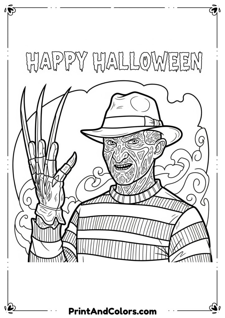 Freddy Krueger with glove claws standing near haunted house in horror black-and-white outline.