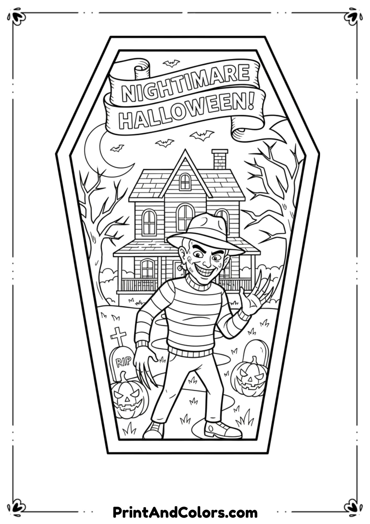 Freddy Krueger with glove claws standing near haunted house in horror black-and-white outline.