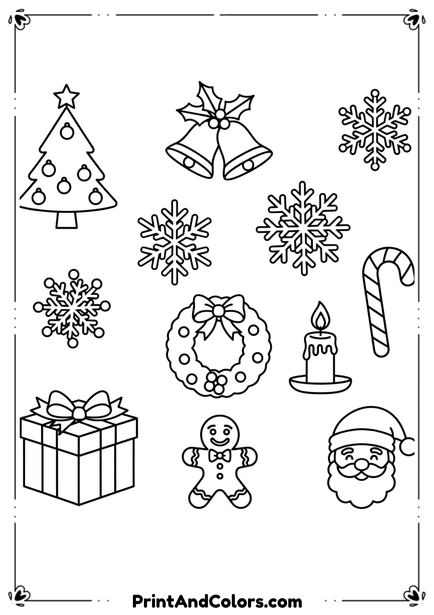  A collection of simple and easy black and white Christmas-themed outlines, including trees, bells, and snowflakes.
