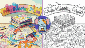 A cheerful stack of black and white printable coloring pages with cute designs like animals, birthday cakes, and cartoons spilling out on a table, crayons and pencils around, with a banner above saying "Free Coloring Pages" in fun bubble letters – coloring book style