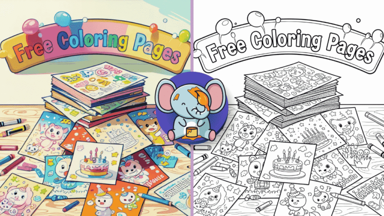 A cheerful stack of black and white printable coloring pages with cute designs like animals, birthday cakes, and cartoons spilling out on a table, crayons and pencils around, with a banner above saying "Free Coloring Pages" in fun bubble letters – coloring book style