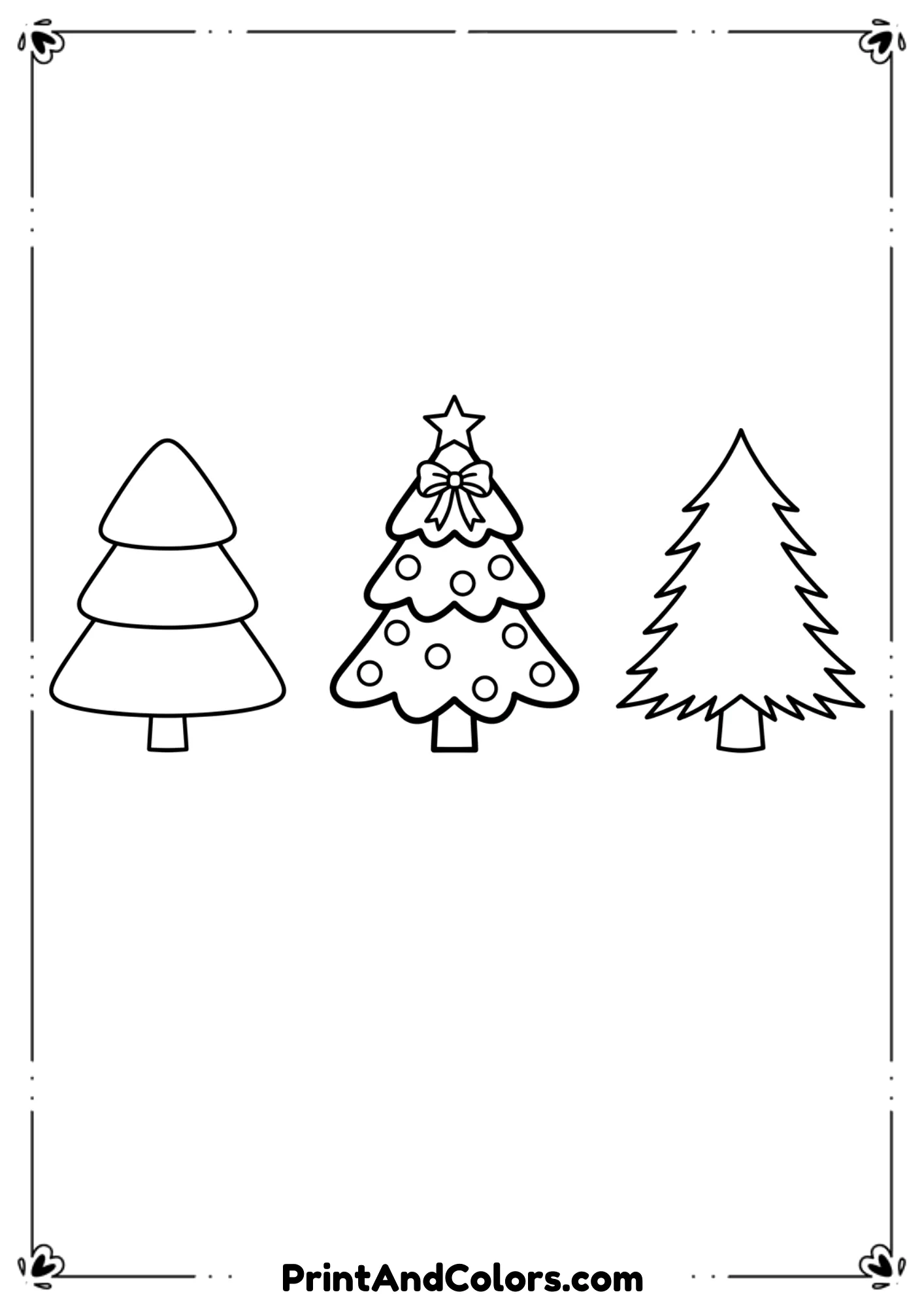  Set-style layout featuring two or three different Christmas tree outlines: simple, decorated, and blank. Clean line-art, separated trees, printable sheet.

