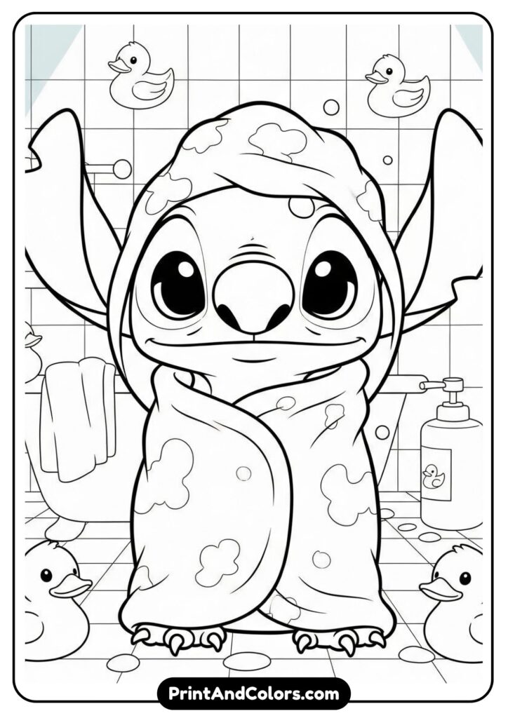 Ultra-cute version of Stitch wrapped in a fluffy towel with rubber duckies, after a bath, in a pastel bathroom setting