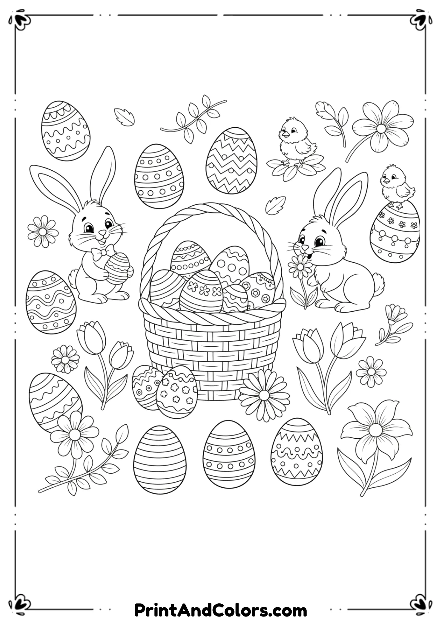 Collection of black and white Easter designs: bunnies, eggs, chicks, baskets, and flowers.
