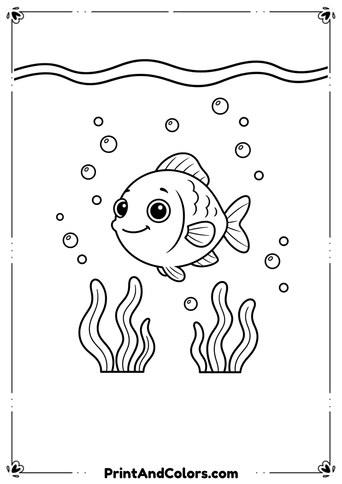 Simple black and white fish illustration with basic ocean plants and bubbles. Clear bold lines optimized for printable free coloring sheets.