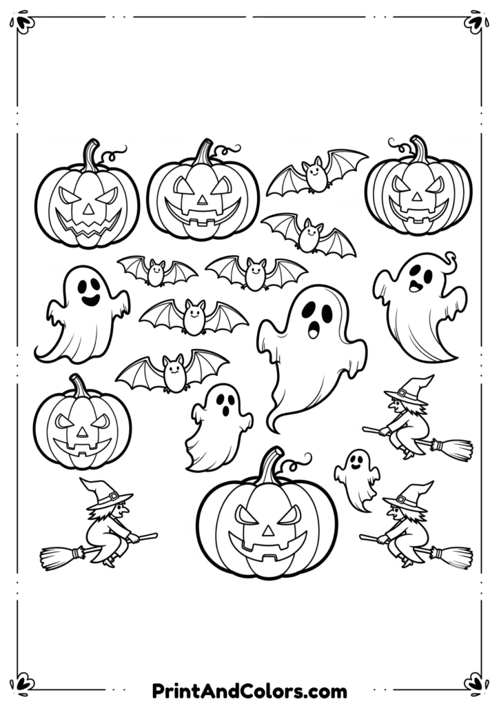 Black-and-white drawing of pointed witch boots with striped socks, stars, and pumpkin decorations.