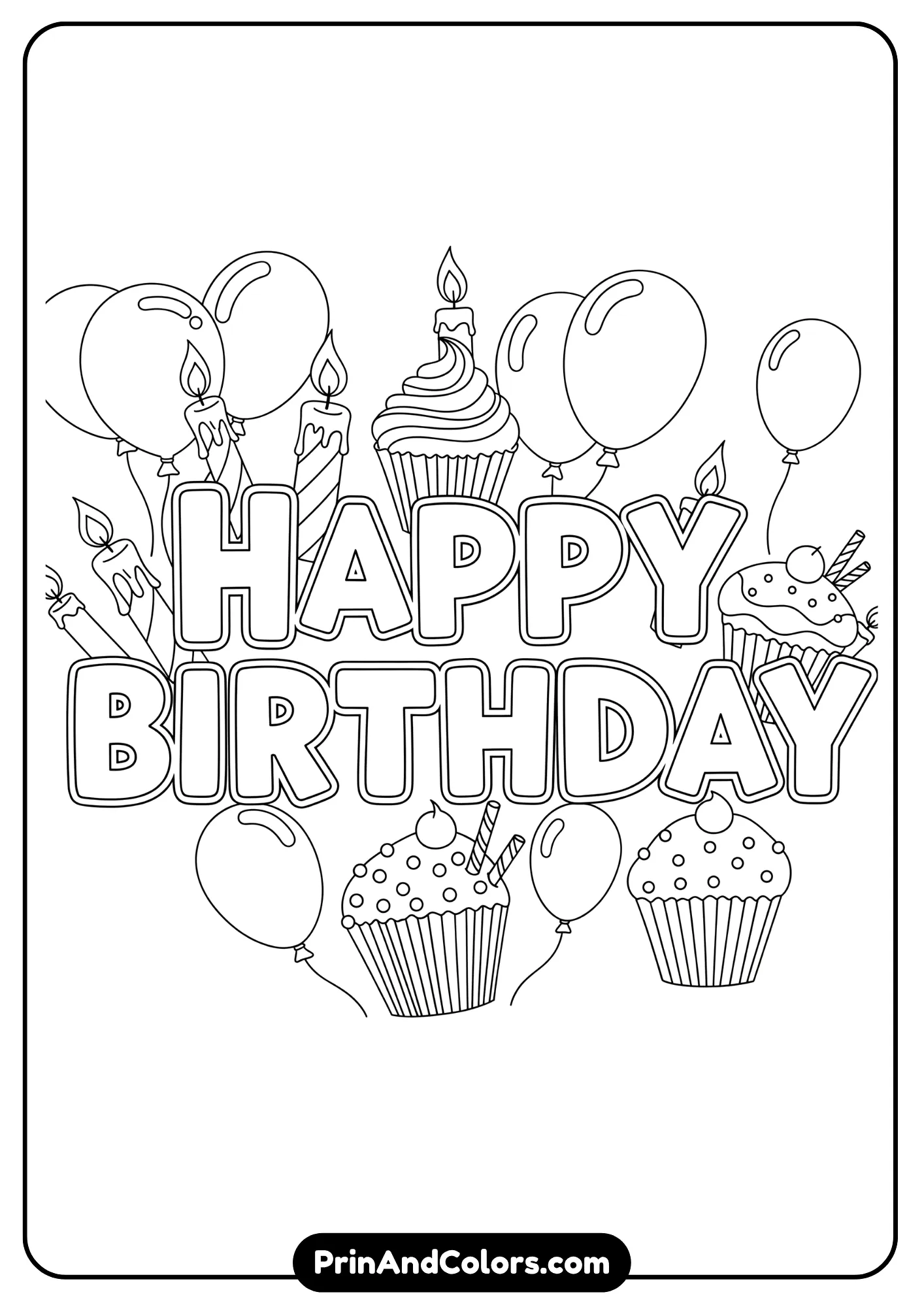 Free printable Happy Birthday coloring page with festive items.