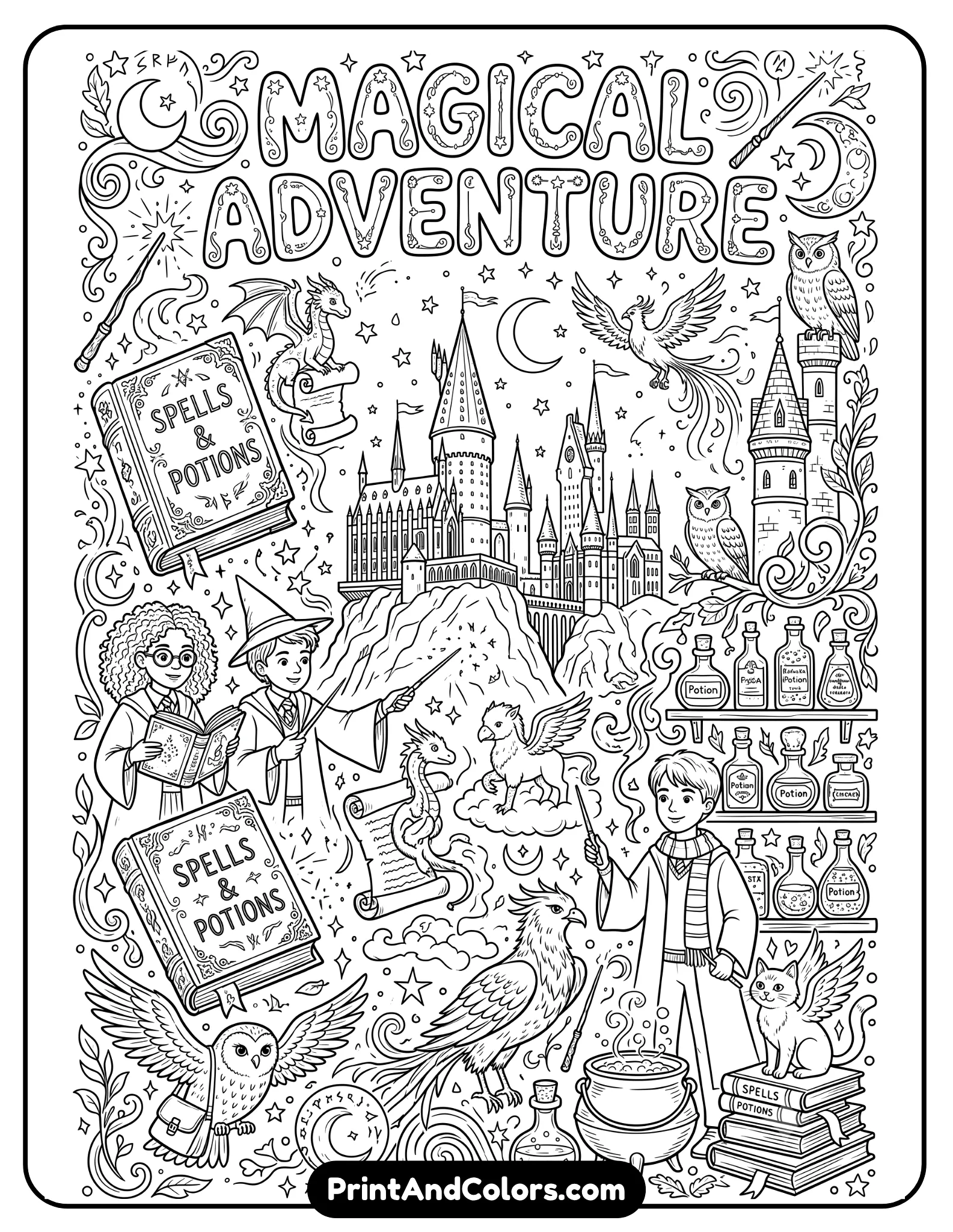 Magical black and white collage-style coloring page featuring wands, owls, spell books, castle towers, stars, potions, magical creatures, and young wizard characters in a fantasy composition. Clean printable line art, detailed but family-friendly coloring book design