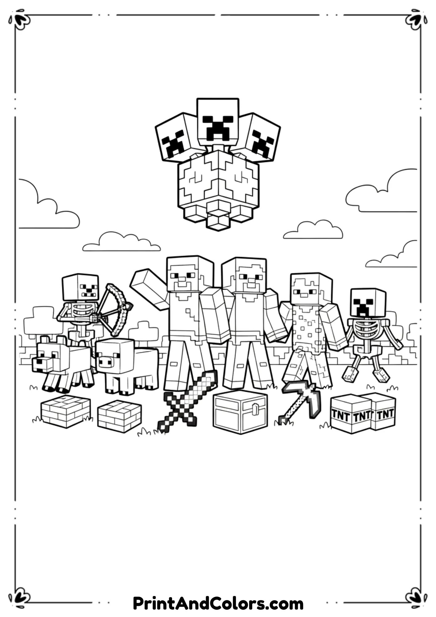 Black and white line illustration showing multiple Minecraft characters, mobs, tools, and blocks together, simple layout, bold outlines, no shading, printable free coloring page.
