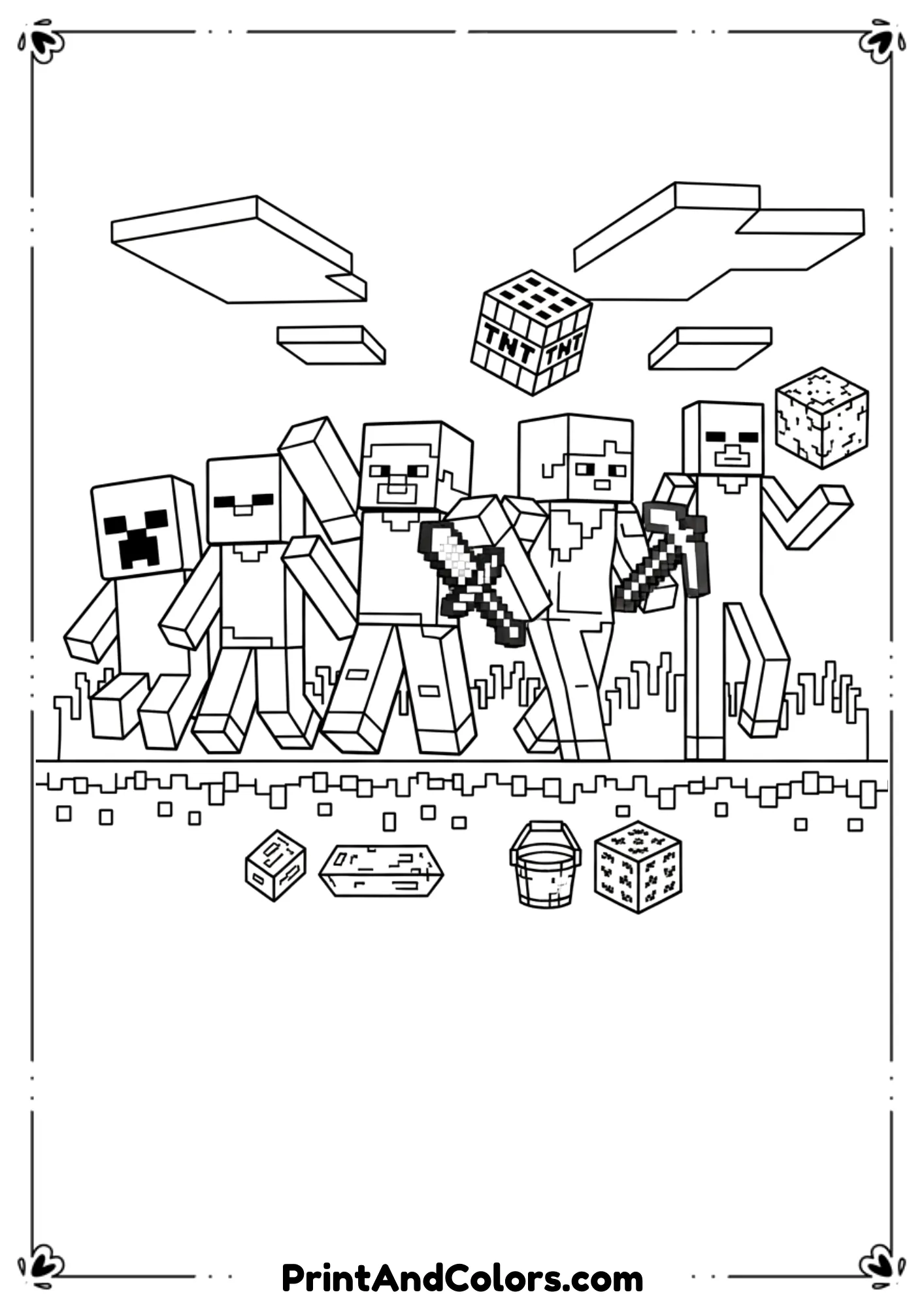 Black and white line illustration featuring multiple Minecraft characters, mobs, tools, and blocks in one scene, simple layout, bold outlines, no shading, printable free coloring page.

