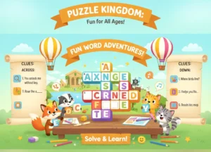 Fun crossword puzzle game illustration for kids and families