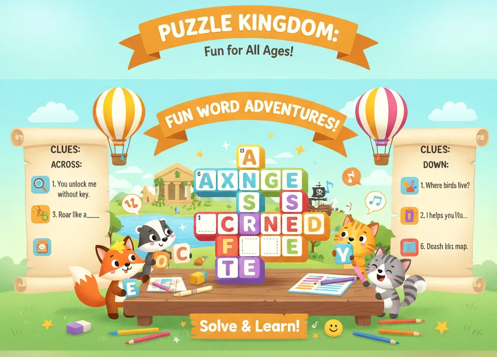 Fun crossword puzzle game illustration for kids and families