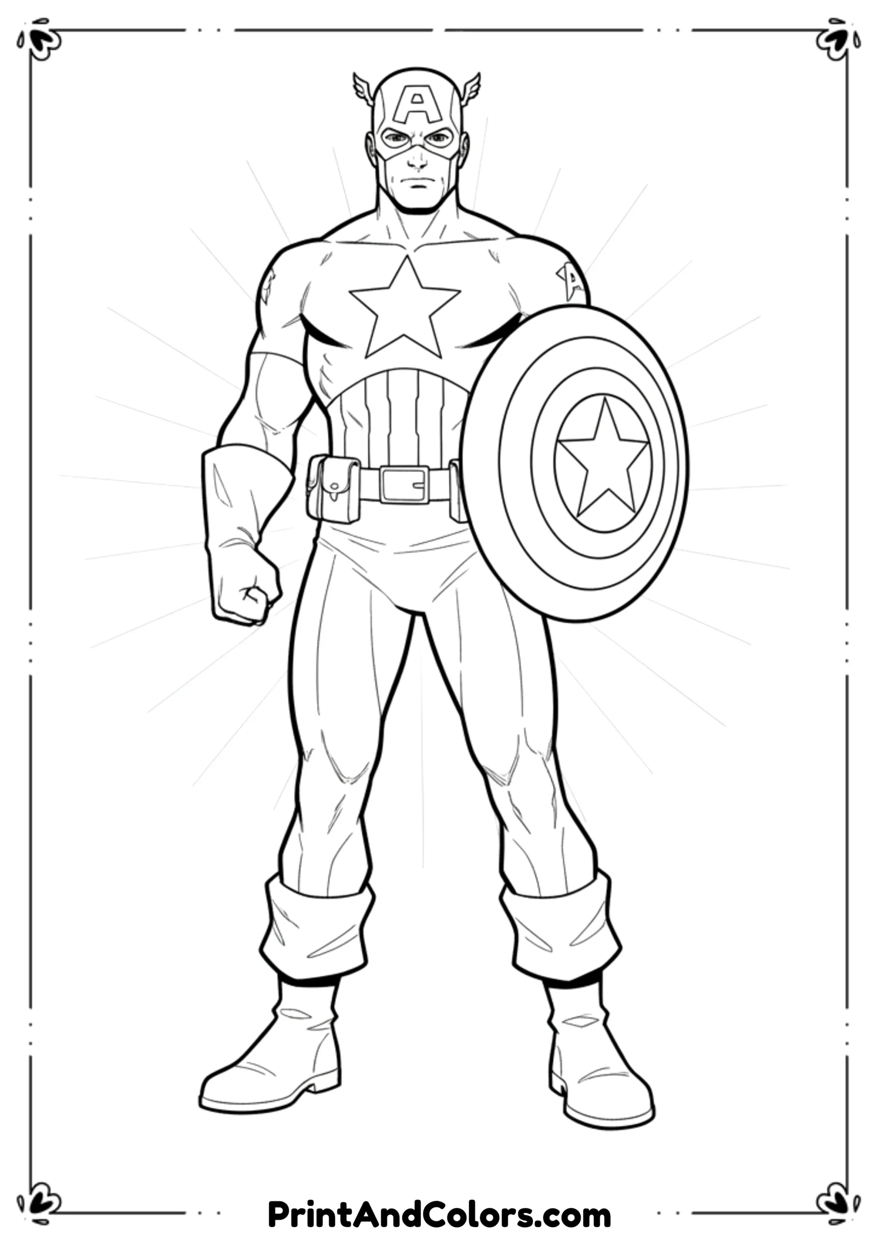  Black and white printable line art of Captain America with shield, clean outlines for coloring.
