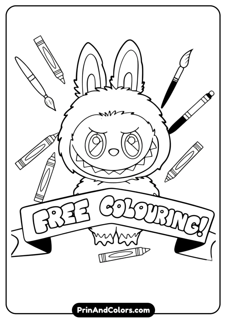 Cute black and white line art of Labubu smiling, holding crayons or pencils, designed for free printable sheets.