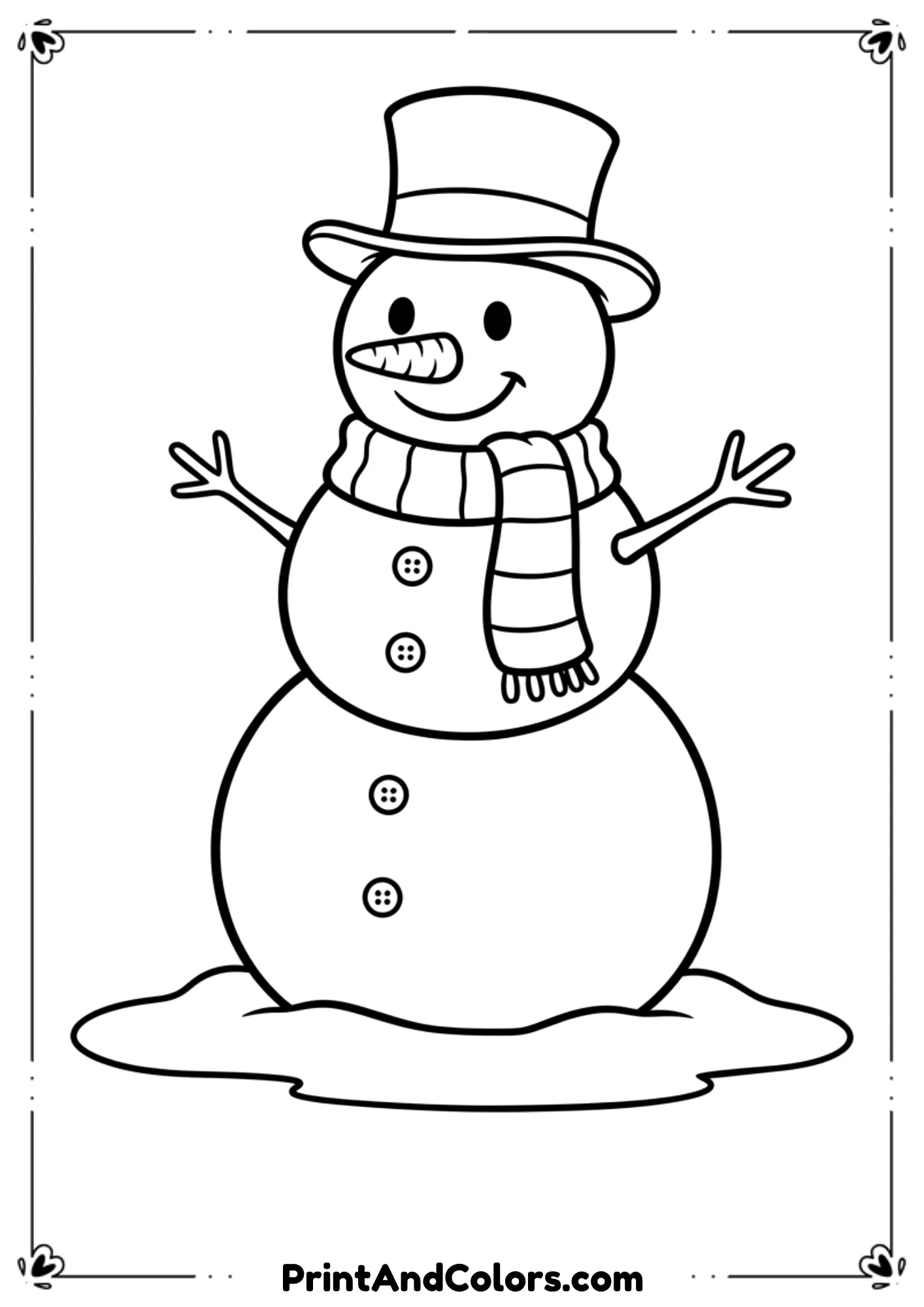Clear, bold outline snowman with button eyes, scarf, top hat, and snowy ground. Classic printable line art without background clutter.
