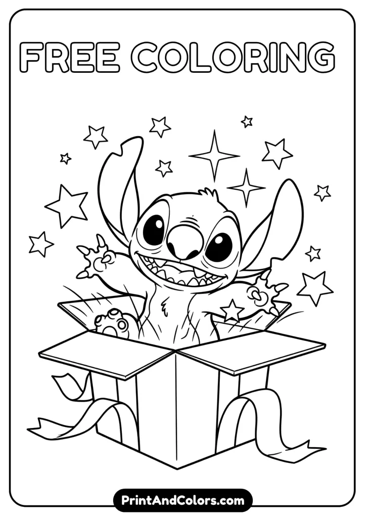 Stitch popping out of a present box with stars around, ready to print and color