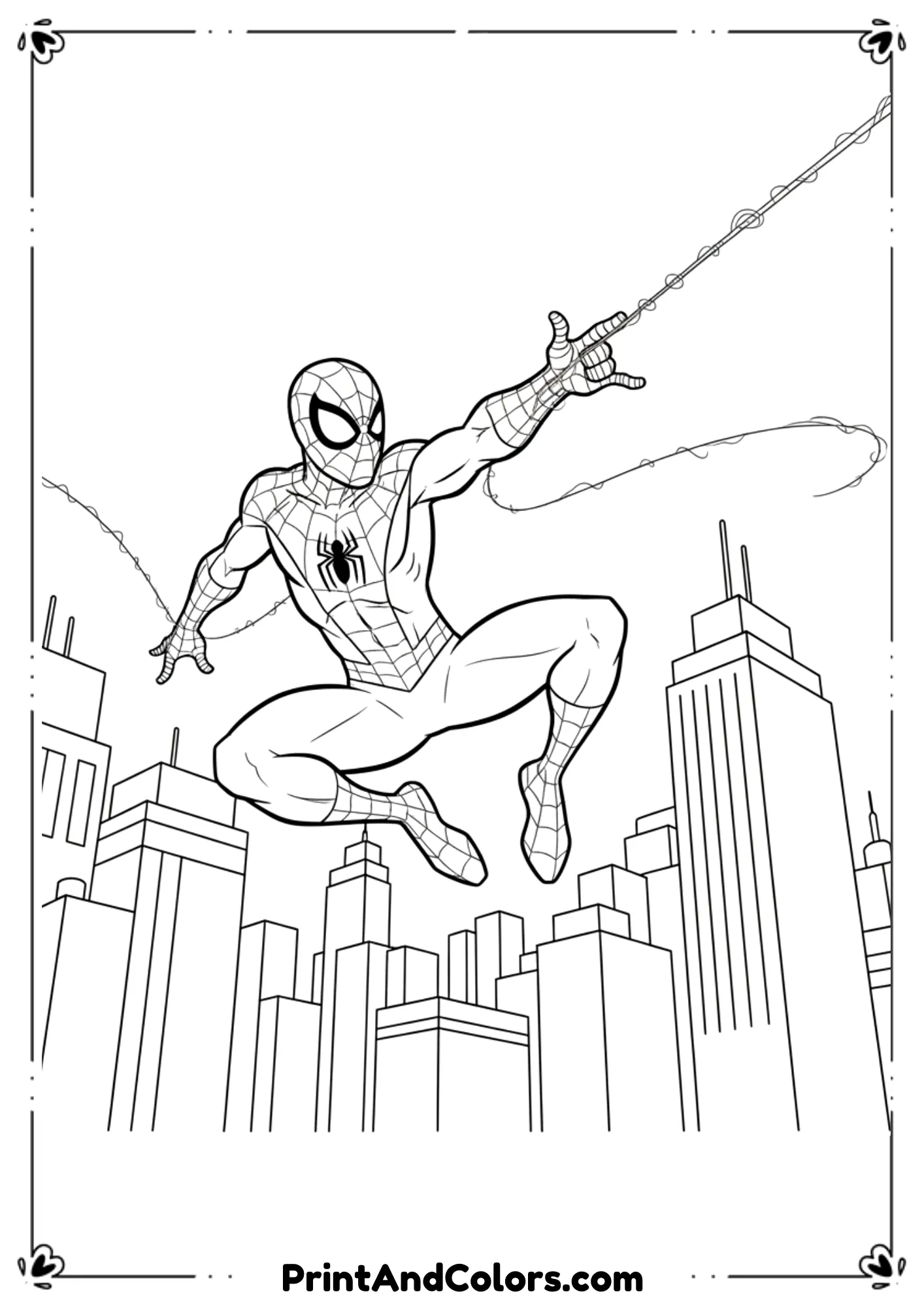 Generic outline of Spider-Man swinging through buildings, free printable style.