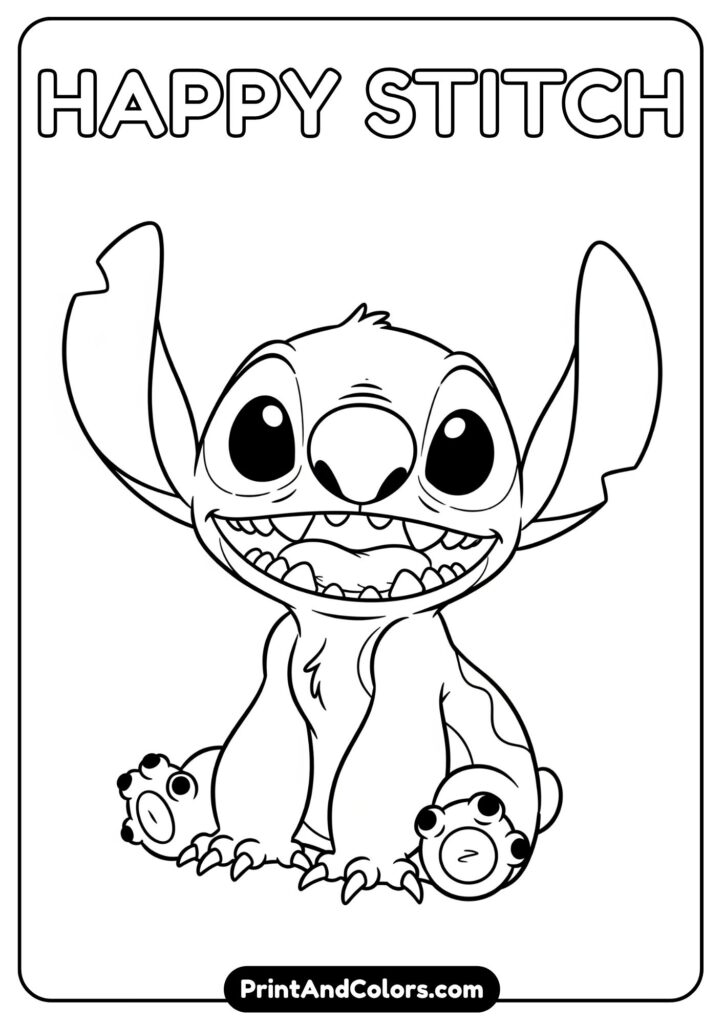 A fun and free downloadable Stitch coloring design with a smiling pose and friendly vibes