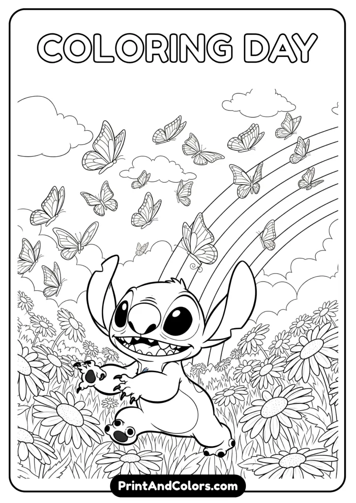 A cheerful Stitch running through a field of daisies with butterflies flying above him and a rainbow in the background.