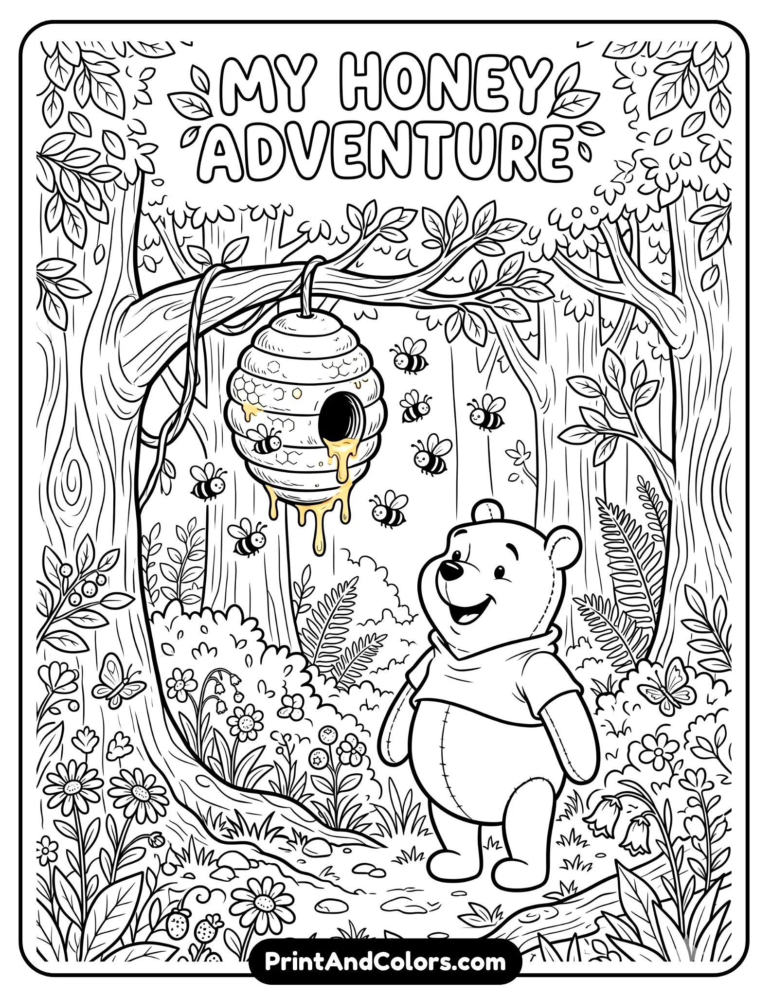 Detailed black and white forest scene featuring Winnie the Pooh looking up at a beehive hanging from a tree branch, bees flying around, honey dripping, flowers and bushes in the forest, classic children’s cartoon style, bold line art with clear outlines, printable coloring page layout