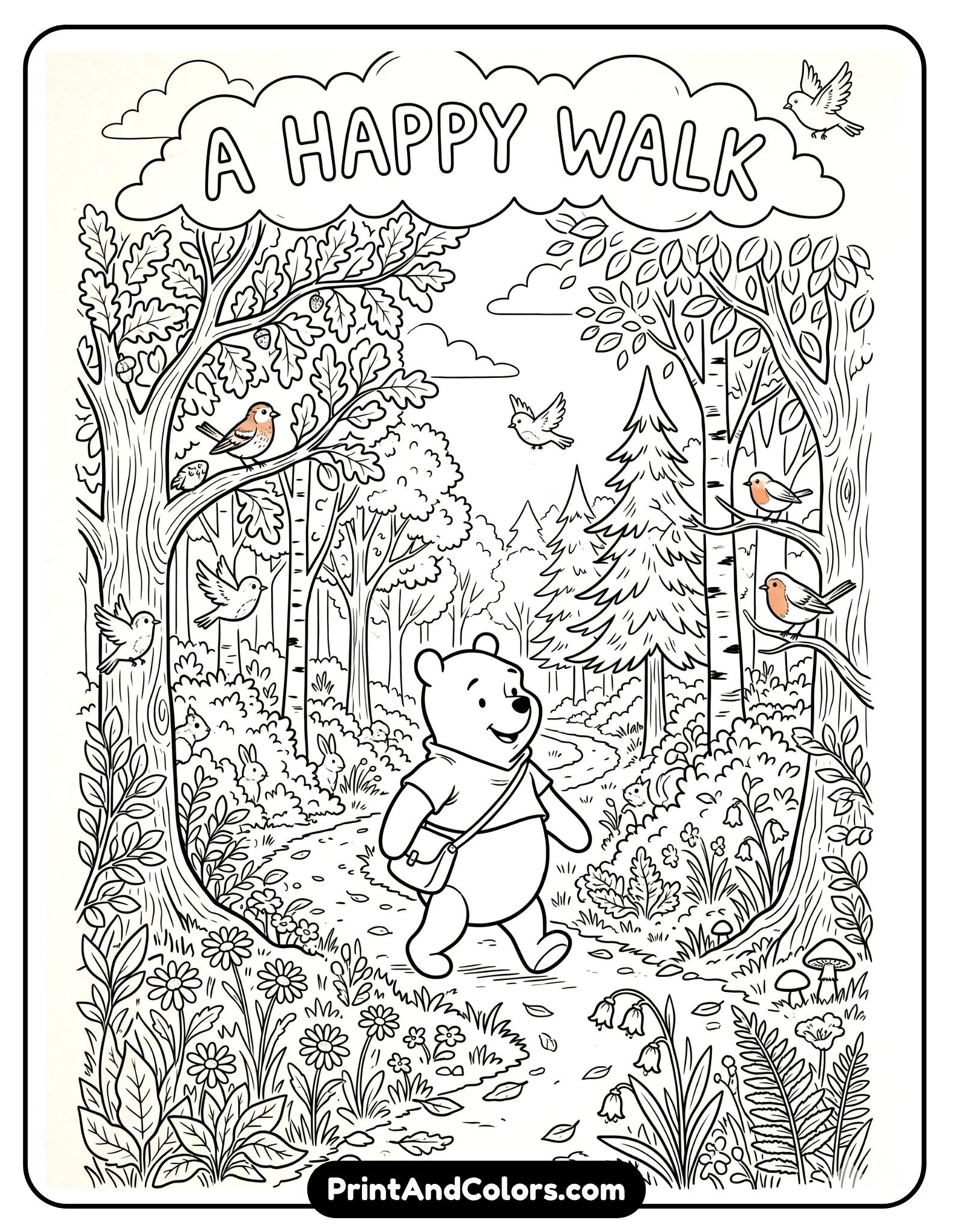 Black and white coloring page showing Winnie the Pooh walking through the forest path, surrounded by trees, bushes, flowers and small birds, classic storybook illustration style with clean line art