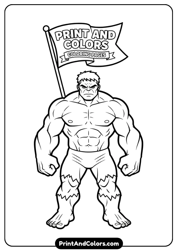 Clean simple line-art of Hulk standing in basic pose, easy to color, bold outlines, no grayscale