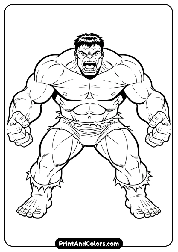 Classic Incredible Hulk roaring, strong bold lines, simplified for easy printing, no background