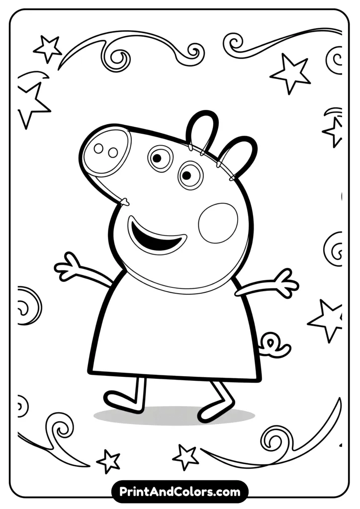 Peppa Pig in a playful pose with stars and swirls around her, designed as a free coloring page. Bold outlines only.