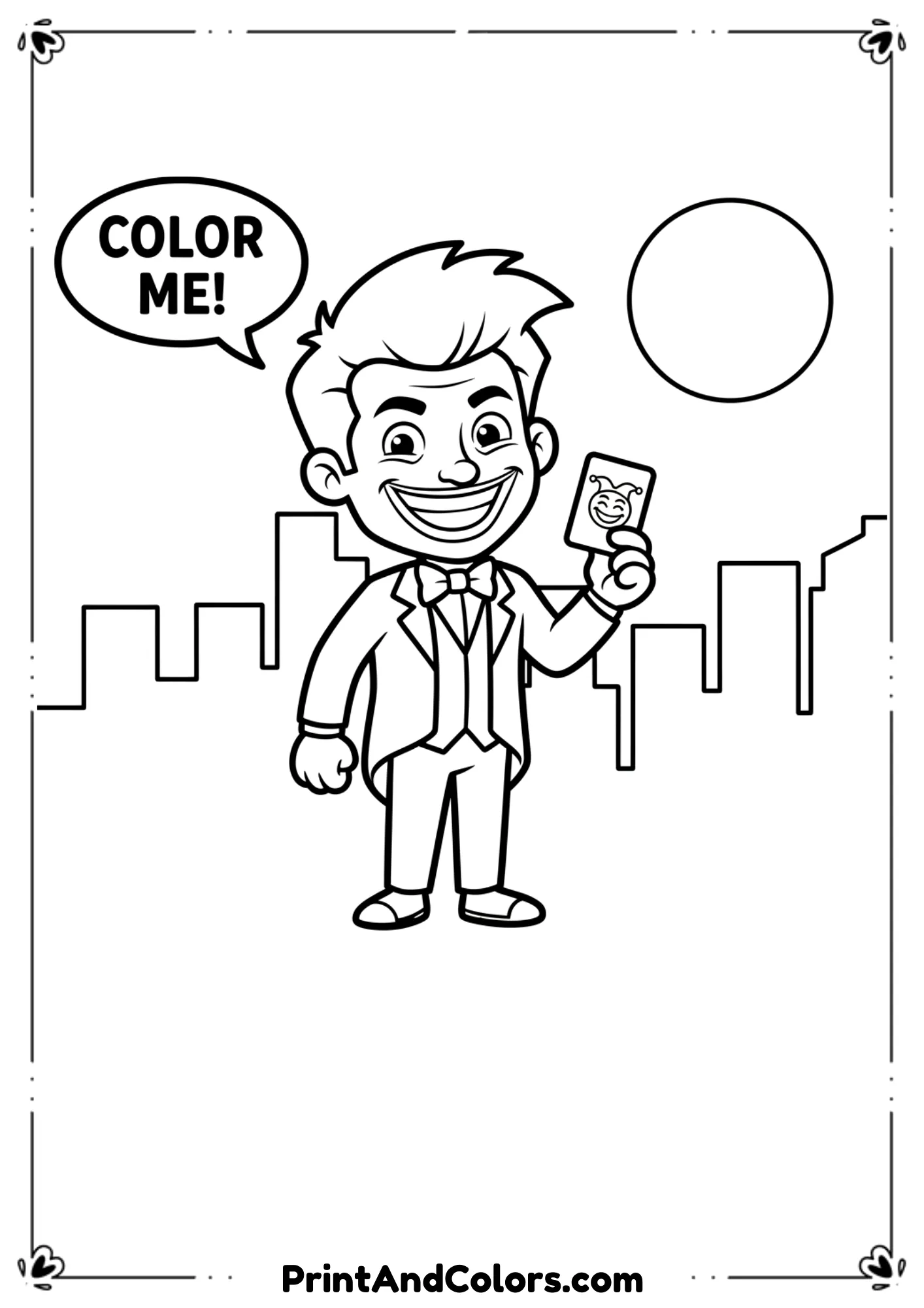 Black and white Joker line art, simple and easy, free printable design for coloring.

