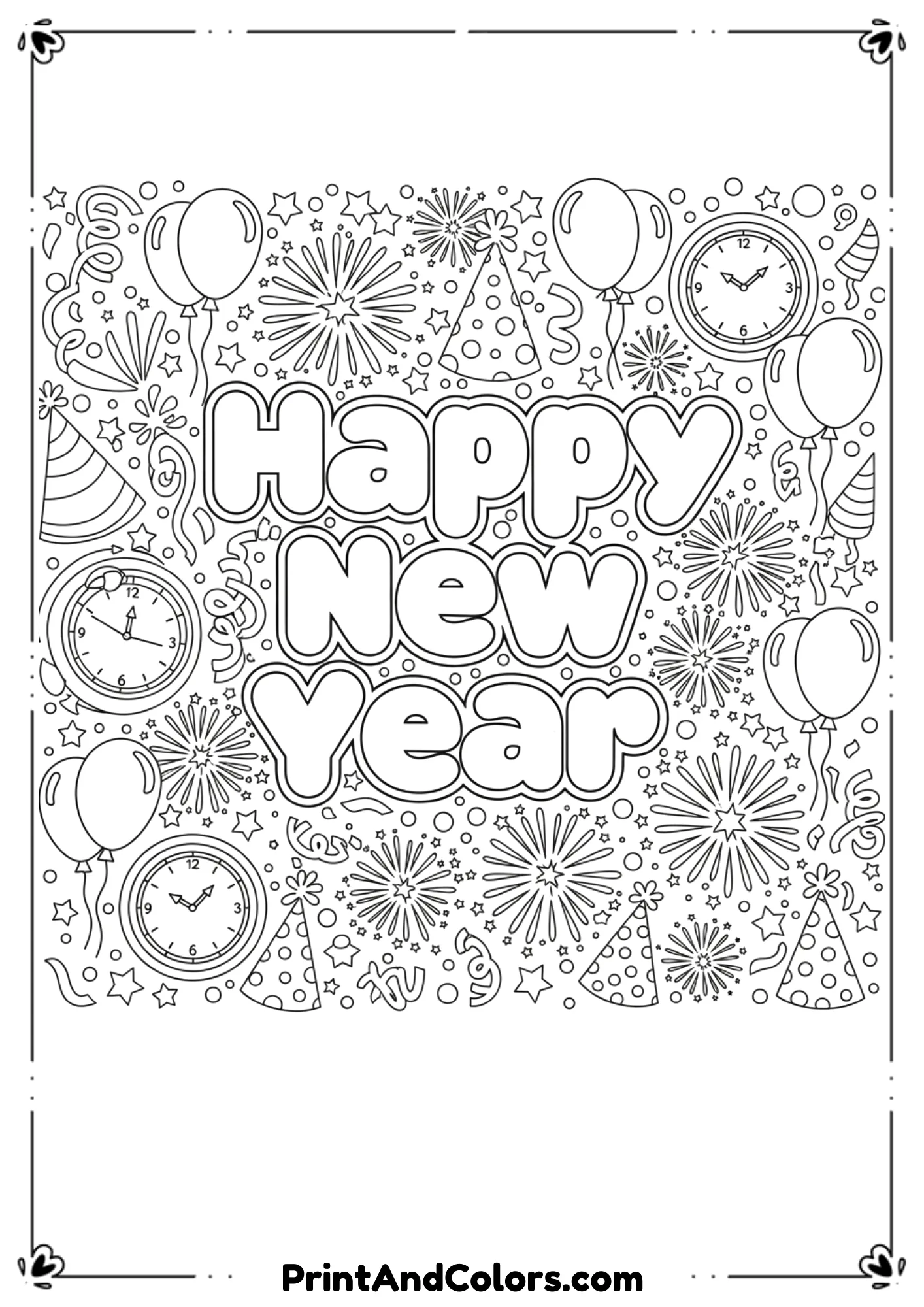  A black and white line art compilation-style coloring page showing various New Year elements such as clocks, fireworks, balloons, party hats, confetti, and “Happy New Year” text. Simple layout, bold outlines, perfect for free printing.
