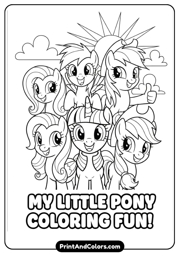 Create a simple black and white coloring page with multiple My Little Pony characters smiling together. Easy shapes, thick outlines, minimal background, designed as free printable coloring pages for kids.