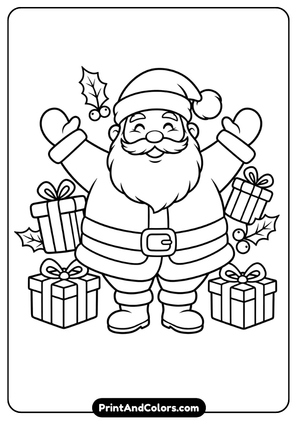 Simple, friendly Santa waving cheerfully, outlined in bold black lines for easy coloring. Add holiday symbols like presents and holly leaves around him.