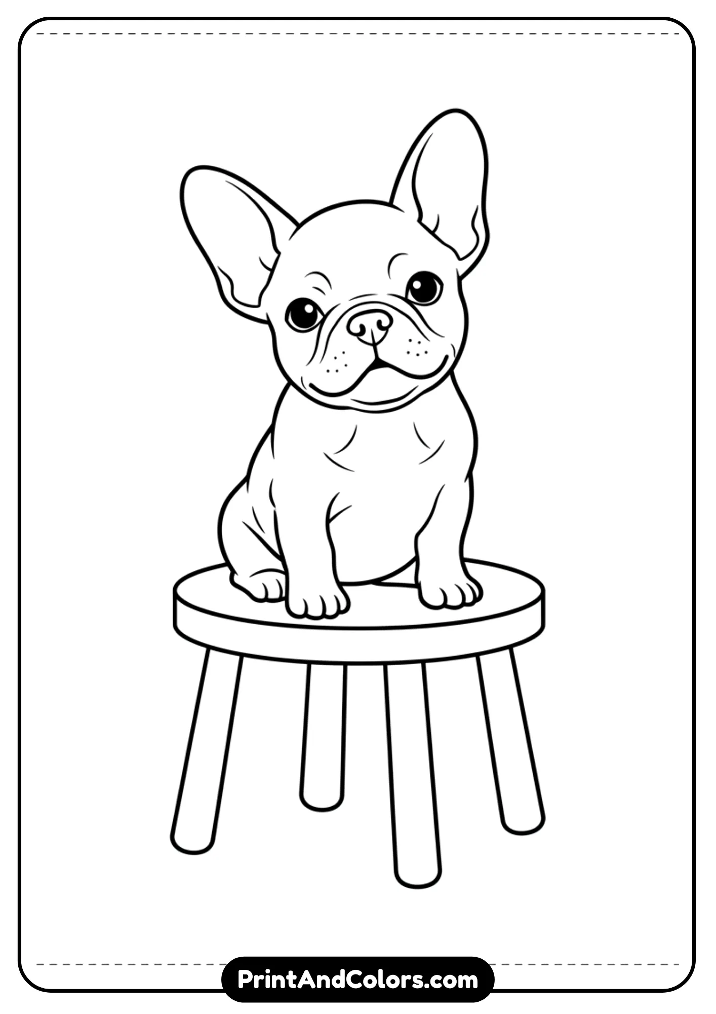 Black and white outline of a French Bulldog puppy sitting on a small stool with a cute expression. Simple and clear lines for coloring pages.