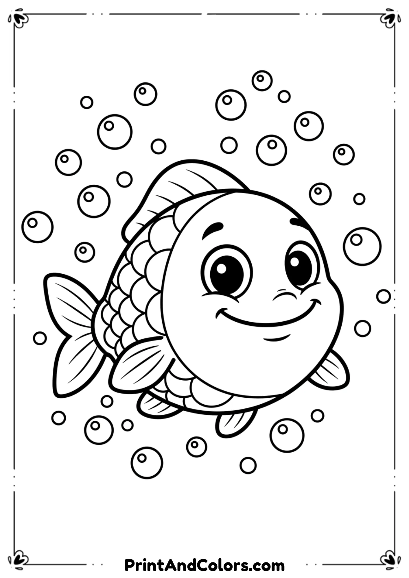 Smiling cartoon fish with big eyes, rounded fins, and many bubbles around. Very simple outlines for young kids.