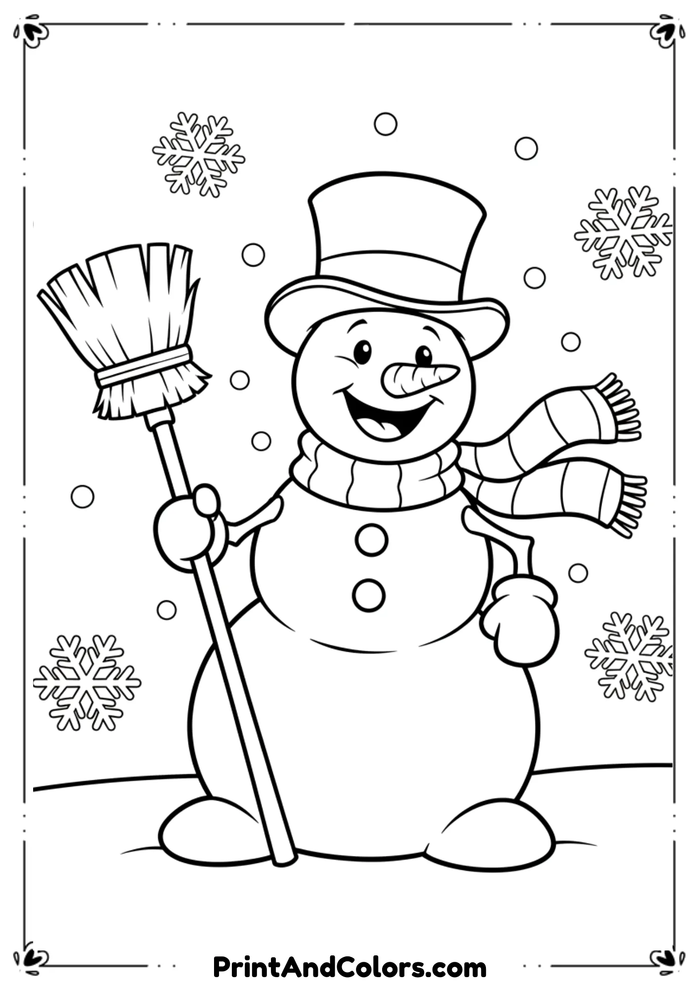 Classic Frosty snowman with magical hat, broom, smiling face, and scarf. Snowflakes softly falling around.

