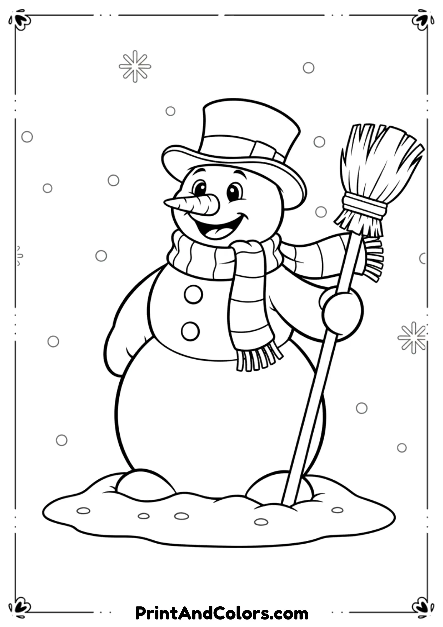 Black and white line art of Frosty the Snowman, cheerful face, magic hat, broomstick, scarf, and round snowy body. Add gentle snowflakes in the background. Smooth outlines for easy coloring.
